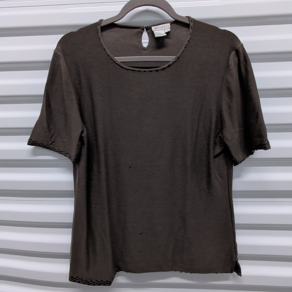 Worth New York Top Size L Womens Brown 100% Wool Beaded Trim Short Sleeve Knit — photo 2